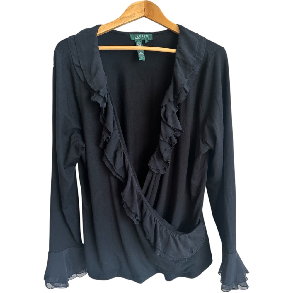 Lauren Ralph Lauren Faux Wrap Chiffon Ruffle Neck & Cuffs Blouse Black Size 2X